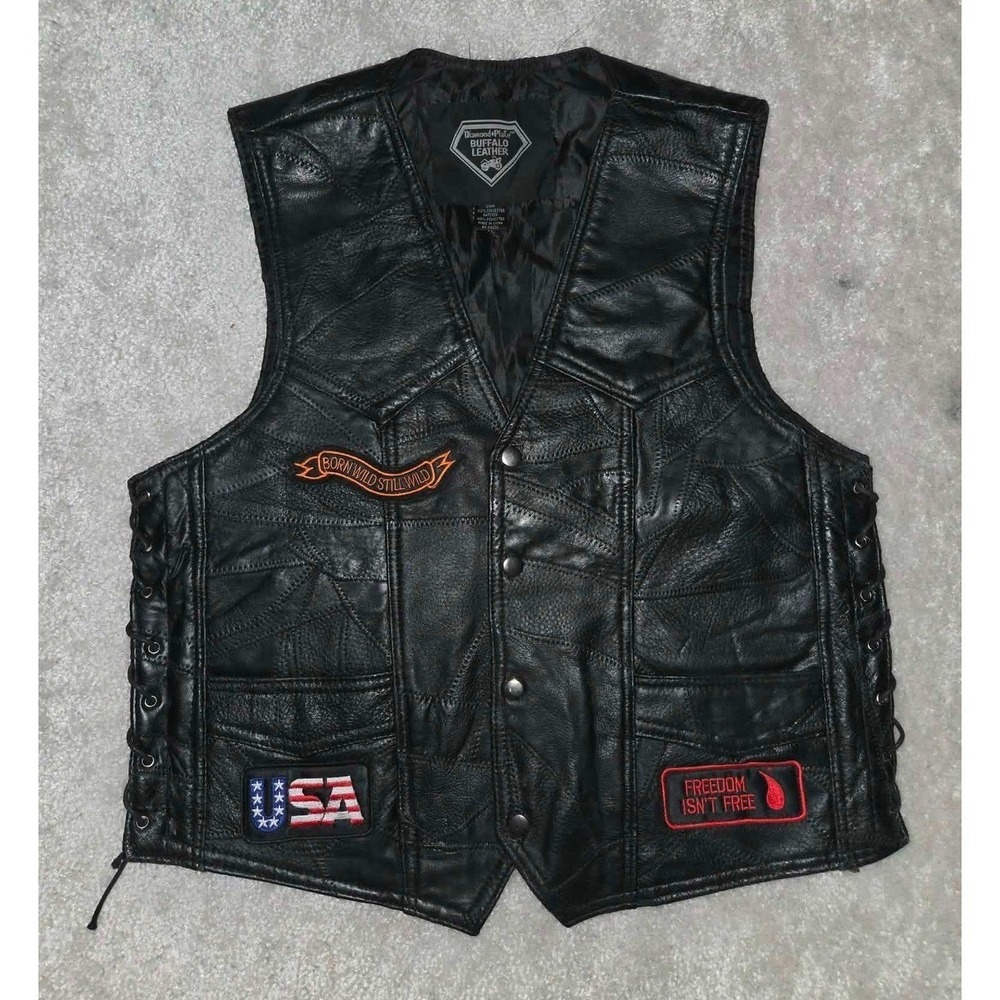 Diamond Plate Leather Vest Mens Medium Black Biker‎ Patchwork #Motorcycle - Picture 2 of 10